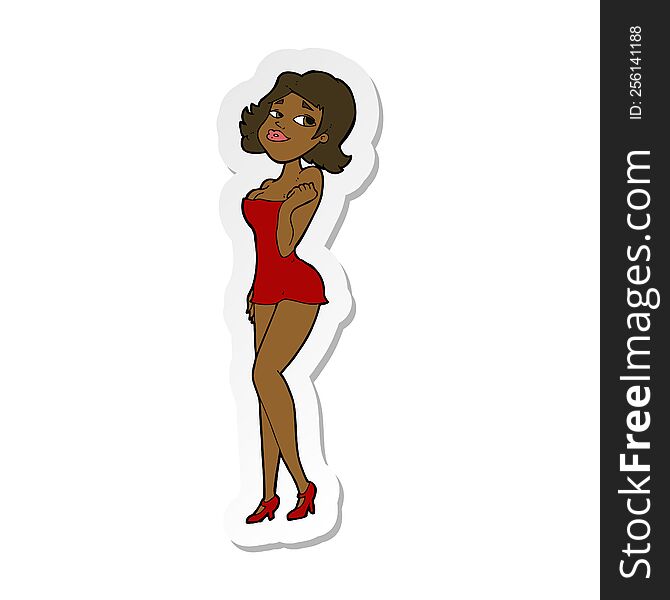 sticker of a cartoon attractive woman in short dress