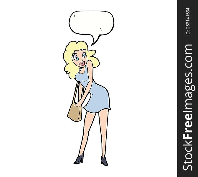 cartoon woman looking in handbag with speech bubble