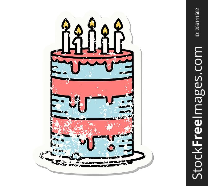 Traditional Distressed Sticker Tattoo Of A Birthday Cake