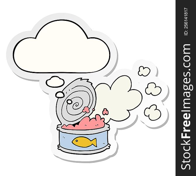 cartoon smelly can of fish with thought bubble as a printed sticker