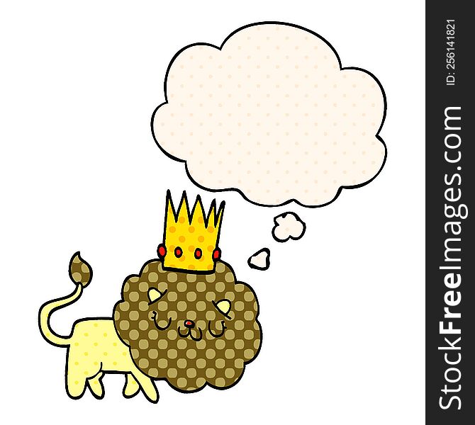 cartoon lion with crown with thought bubble in comic book style