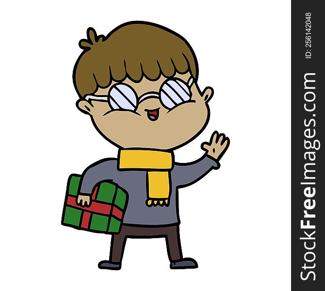 cartoon boy wearing spectacles carrying gift. cartoon boy wearing spectacles carrying gift