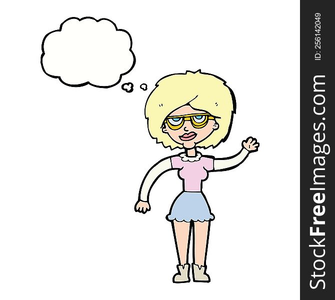 Cartoon Waving Woman Wearing Spectacles With Thought Bubble