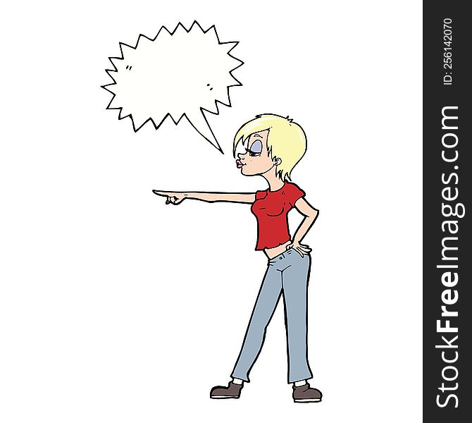 cartoon hip woman pointing with speech bubble