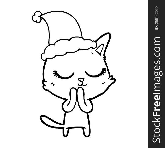 calm hand drawn line drawing of a cat wearing santa hat. calm hand drawn line drawing of a cat wearing santa hat