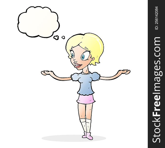 cartoon woman with arms spread wide with thought bubble