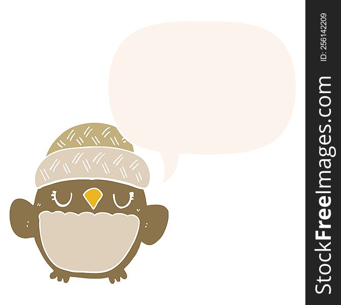 Cute Cartoon Owl In Hat And Speech Bubble In Retro Style