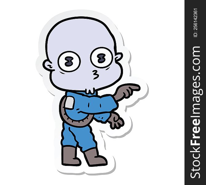 Sticker Of A Cartoon Weird Bald Spaceman Pointing