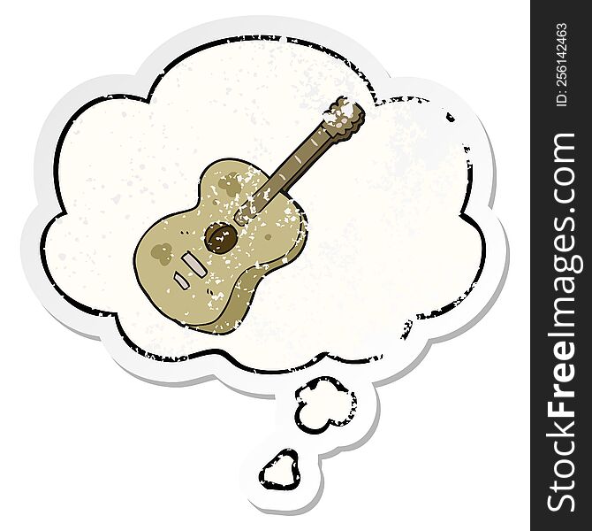 cartoon guitar with thought bubble as a distressed worn sticker