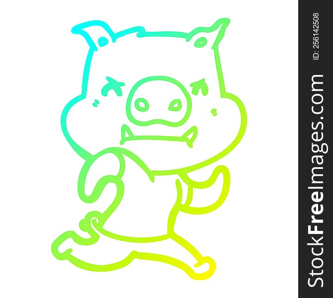 Cold Gradient Line Drawing Angry Cartoon Pig Running