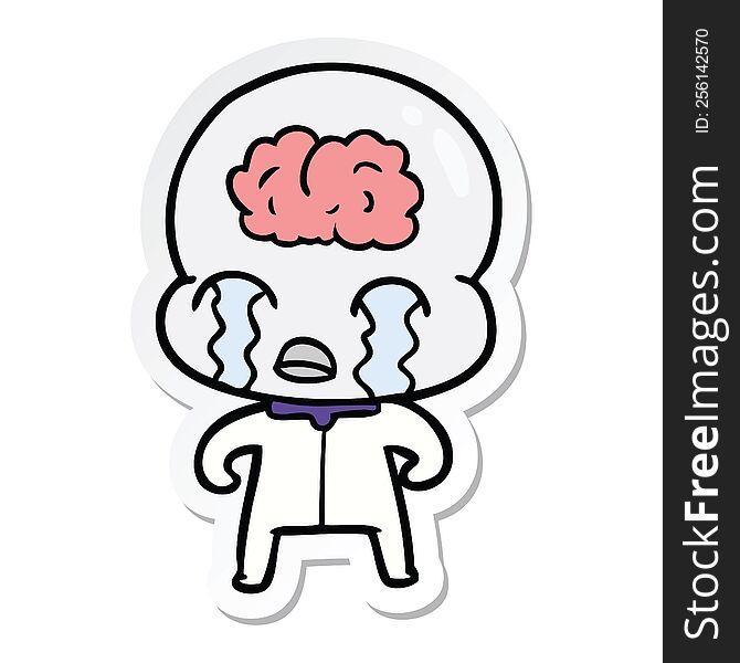 Sticker Of A Cartoon Big Brain Alien Crying