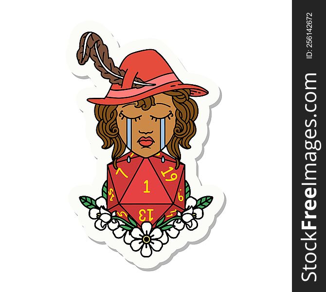 Crying Human Bard With Natural One D20 Dice Roll Sticker
