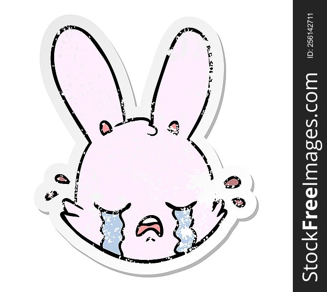 Distressed Sticker Of A Cartoon Crying Bunny Face