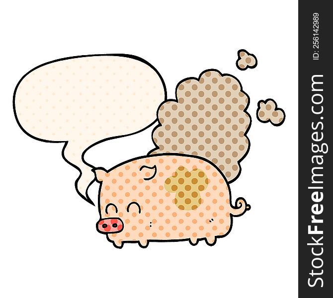 cartoon smelly pig with speech bubble in comic book style