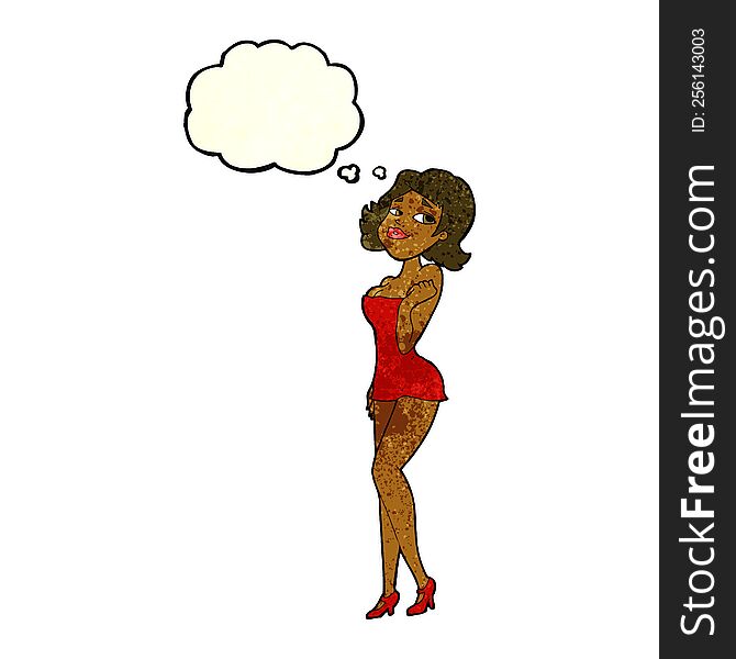 cartoon attractive woman in short dress with thought bubble