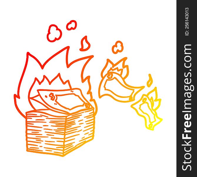warm gradient line drawing of a burning money cartoon