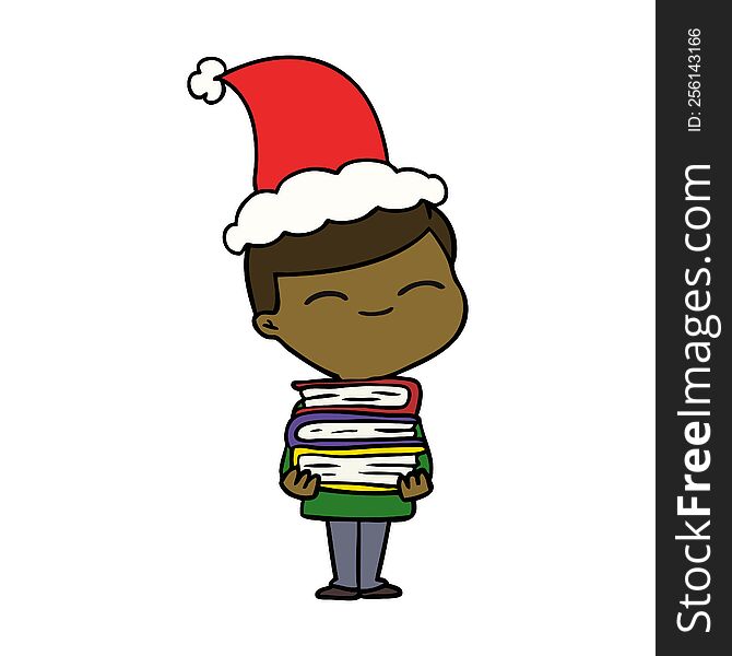 hand drawn line drawing of a smiling boy with stack of books wearing santa hat