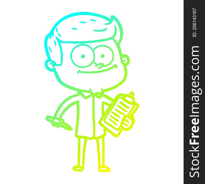 cold gradient line drawing of a cartoon happy salesman