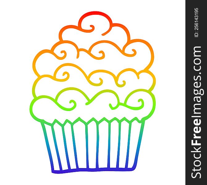rainbow gradient line drawing of a cartoon vanilla cupcake