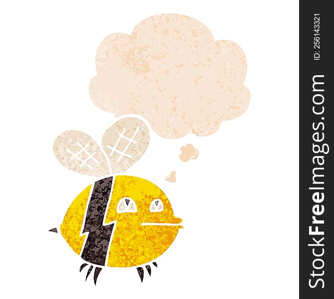 Cartoon Bee And Thought Bubble In Retro Textured Style