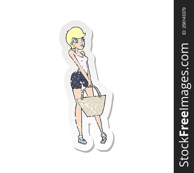 retro distressed sticker of a cartoon attractive woman shopping