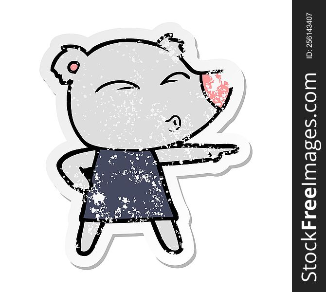 Distressed Sticker Of A Cartoon Whistling Bear In Dress