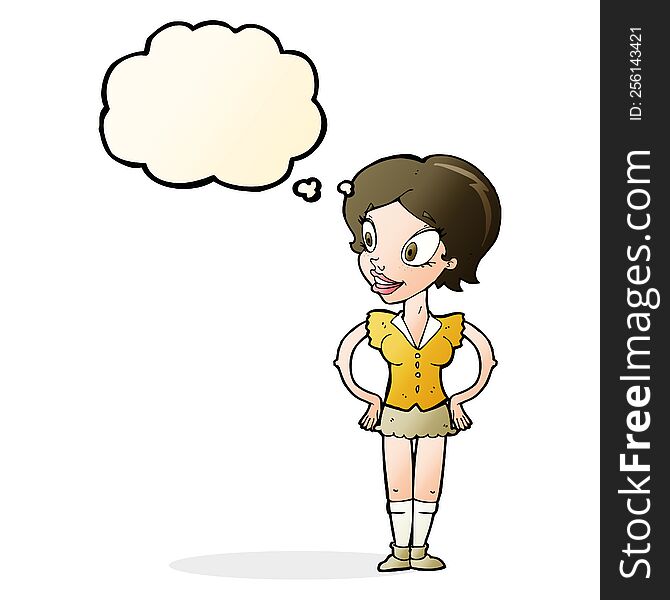 cartoon happy woman in short skirt with thought bubble