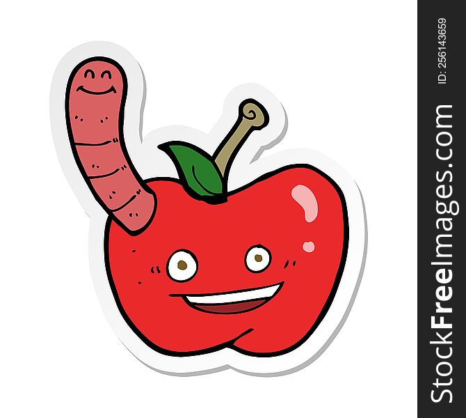 sticker of a cartoon apple with worm
