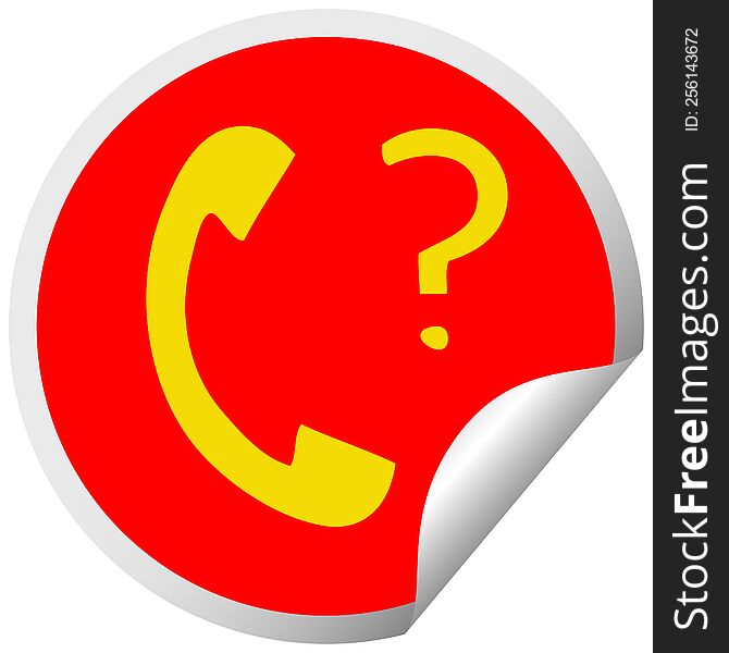 circular peeling sticker cartoon of a telephone receiver with question mark