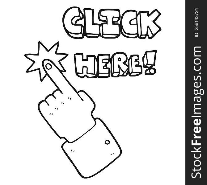freehand drawn black and white cartoon click here sign with finger
