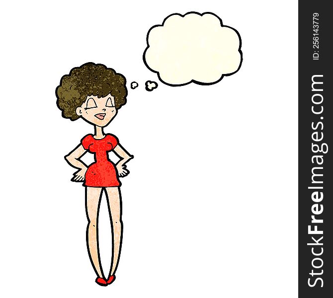 Cartoon Happy Woman With Hands On Hips With Thought Bubble