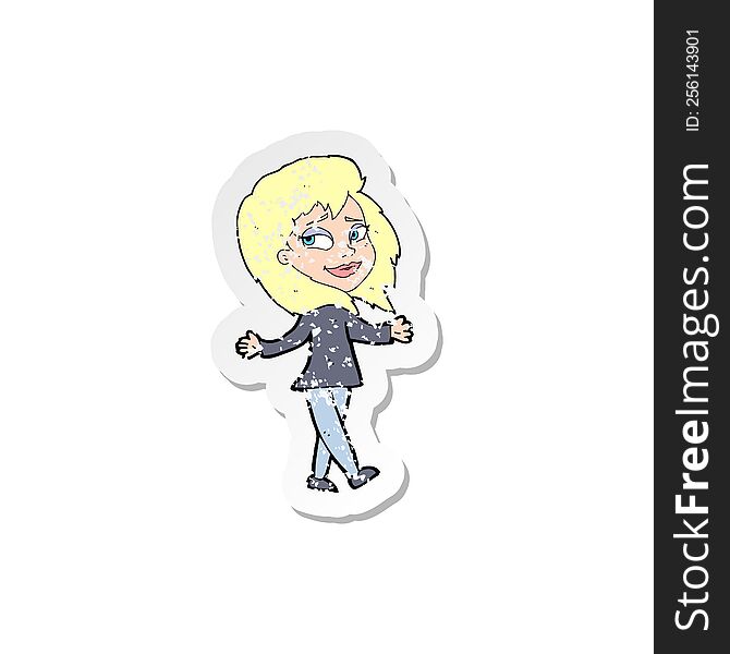 retro distressed sticker of a stress free woman cartoon