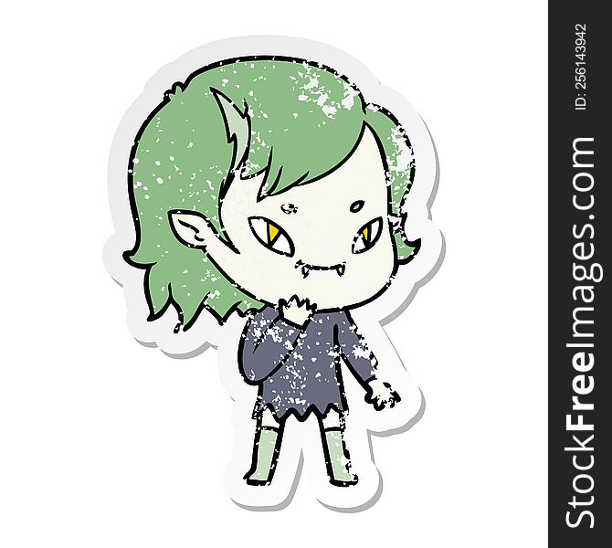 Distressed Sticker Of A Cartoon Friendly Vampire Girl Considering