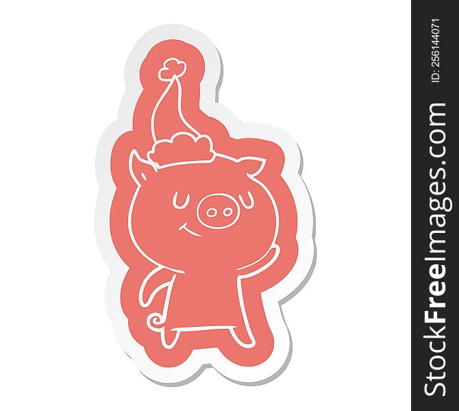 Happy Cartoon  Sticker Of A Pig Wearing Santa Hat