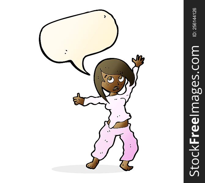 cartoon frightened woman with speech bubble