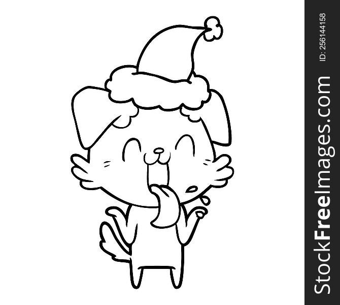 Line Drawing Of A Panting Dog Shrugging Shoulders Wearing Santa Hat