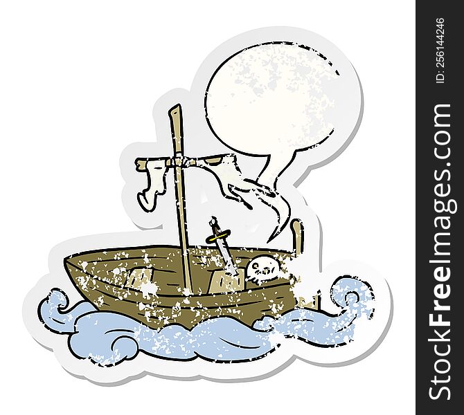 cartoon old shipwrecked boat with speech bubble distressed distressed old sticker. cartoon old shipwrecked boat with speech bubble distressed distressed old sticker