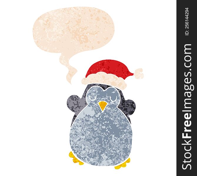 Cute Christmas Penguin And Speech Bubble In Retro Textured Style