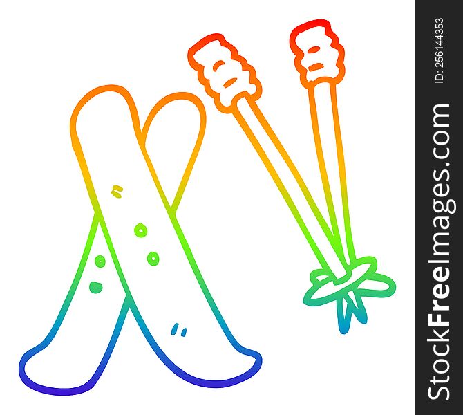 rainbow gradient line drawing of a cartoon ski and poles