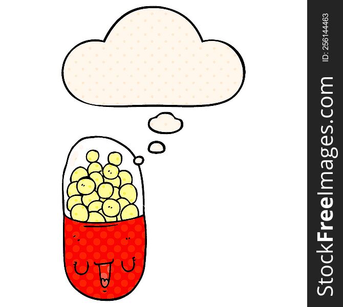 cartoon medical pill with thought bubble in comic book style