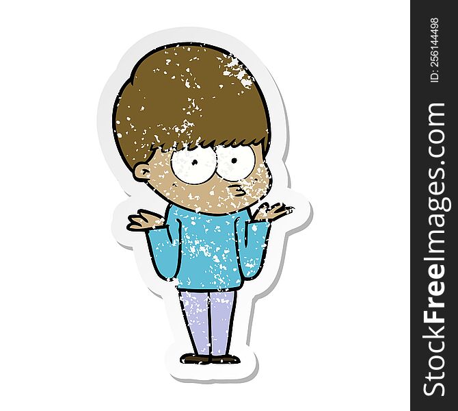 distressed sticker of a confused cartoon boy shrugging shoulders