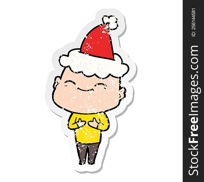 happy hand drawn distressed sticker cartoon of a bald man wearing santa hat