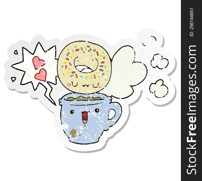 cute cartoon donut and coffee and speech bubble distressed sticker