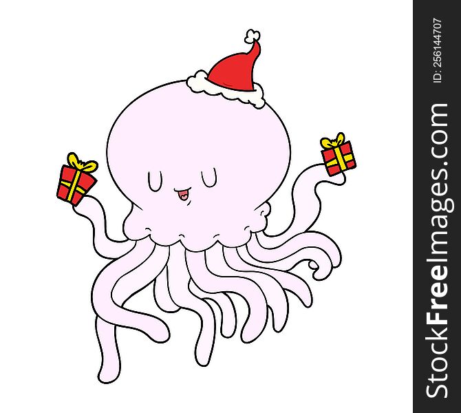 Line Drawing Of A Jellyfish In Love Wearing Santa Hat