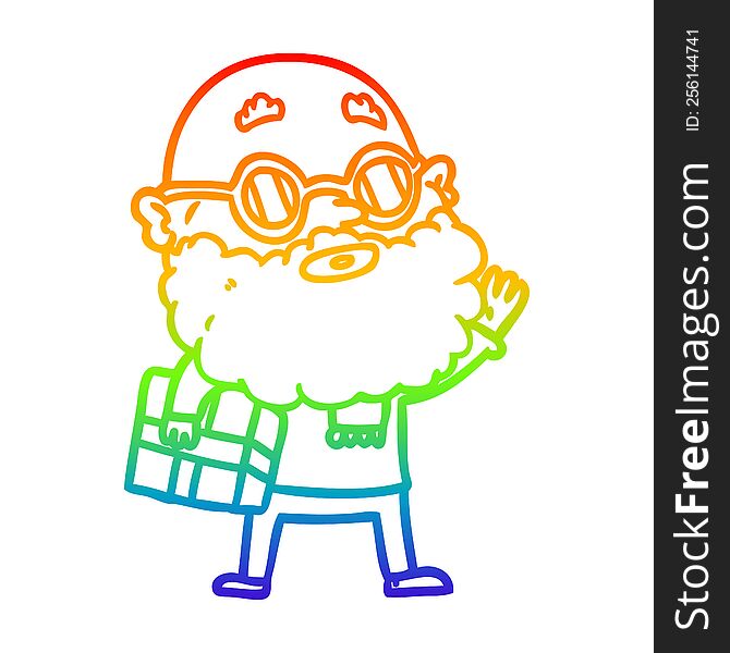 rainbow gradient line drawing of a cartoon curious man with beard sunglasses and present