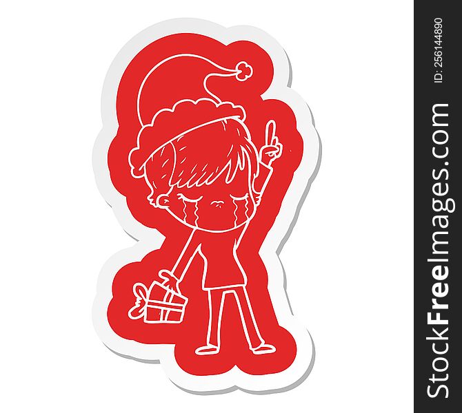 quirky cartoon  sticker of a woman crying wearing santa hat