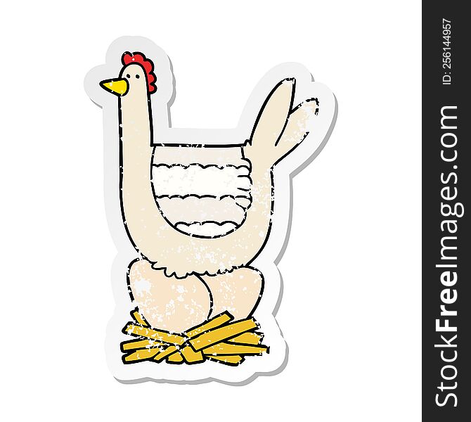 distressed sticker of a cartoon chicken sitting on eggs in nest
