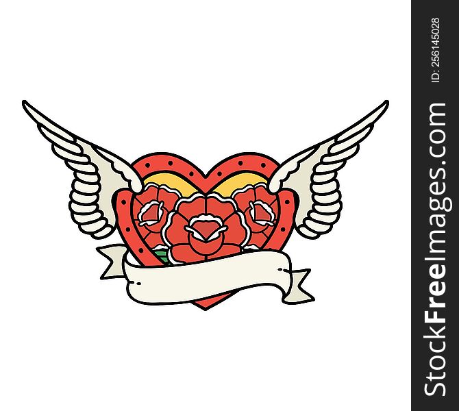 Traditional Tattoo Of A Flying Heart With Flowers And Banner