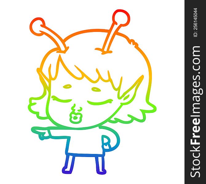 Rainbow Gradient Line Drawing Cute Alien Girl Cartoon Pointing