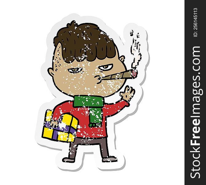 distressed sticker of a cartoon man smoking carrying christmas gift